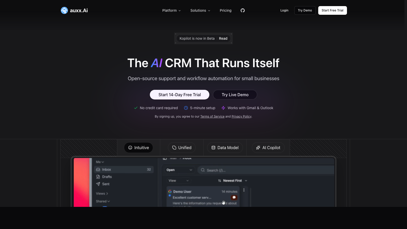 Auxx.ai homepage showing the AI CRM That Runs Itself hero banner
